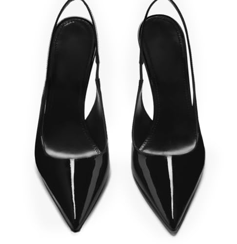 Pointed Closed Toe Slingback High Heels for Women Stilettos Stretch Slip-on Pumps Patent Leather Elegant Party Dressy Shoes, Size 6-114
