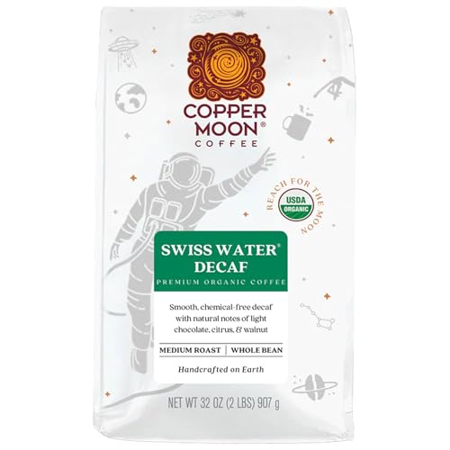 Copper Moon Whole Bean Coffee, Medium Roast, Swiss Water Organic Decaffeinated Blend, 2 Lb