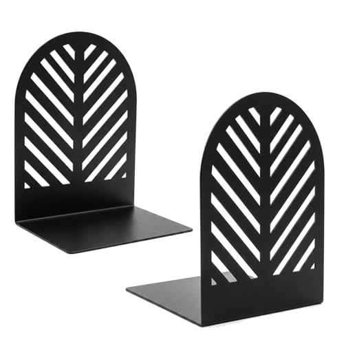Image of Modern Metal Bookends for Shelves, 1 Pair Minimalist Leaf Shaped Geometric Design, Heavy Duty Non-Slip Decorative Book Ends for Home & Office Living Room Desk Decor, Sturdy Steel Book Holder