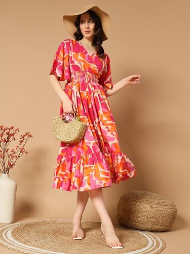 Kzully Women's Rayon Smocked Midi Casual Dress (6001-Orange-Pink-M_Orange-Pink_Medium)
