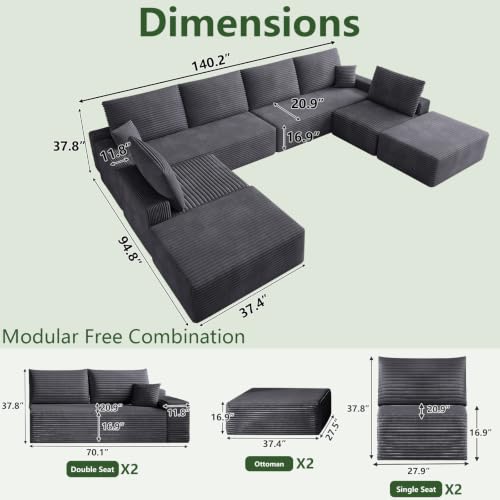 Image of Oversized Modular Sectional Sofa Couch,Large 8 Seater Corner Sofa Modern U Shaped Sectional Couch with Ottoman Cloud Couches for Living Room,Office,Spacious Space,Corduroy,No Assembly,Dark Grey