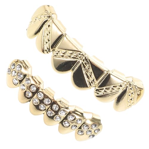DEARMAMY 2 Pz Bretelle d'oro Accessori Rapper dentiera Halloween Dentiera Rapper Dentiera Divertente Dentiera Hip Hop Accessori per Feste Bretelle finte Griglie Inferiori Metallo Golden