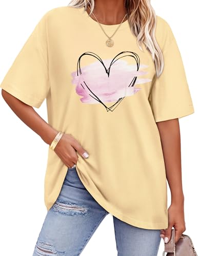ADOREJOY Oversized Tshirts for Women Crewneck Summer Graphic Tees Short Sleeve Loose Basic Tops, Khaki Pink Heart, L