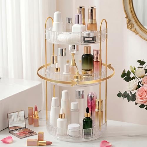 Aveniee Crystal Three-Layer 360° Rotating Cosmetic Stand, Premium Solid Metal Pole Sturdy Construction, Translucent Revolving Beauty Storage Unit for Vanity, Sink or Bathroom Shelf, White