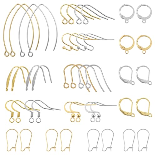 TOAOB 80 Piece Set Earring Hook Set Gold and Silver 10 Styles Stainless Steel French Pyjama Hook Earring Thread Leverback for Jewellery Making