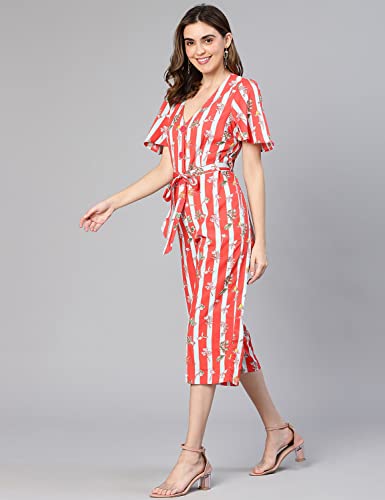 Image of oxolloxo Women Stripe & Floral Print Tie-Knotted Polyester Jumpsuit