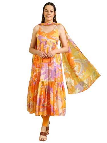 Image of W for Woman Orange Abstract Printed Tiered Spaghetti Kurta and Leggings Set with Dupatta