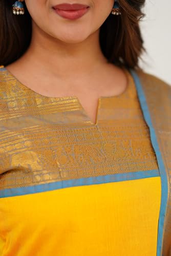 Image of TWINLIGHT Women's Kanchi Cotton Elephant Jaquard Work Kurta and Dupatta Set | V Neck 3 /4 Sleeves Straight Calf Length Kurti with Jaquard Border Work Dupatta | Kurti Set for Women