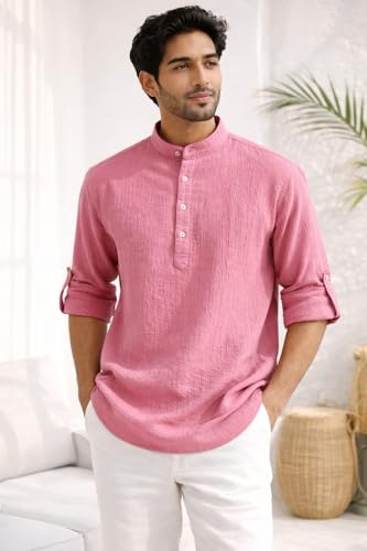 Image of Men's Crinkle Cotton Short Kurta | Textured Fabric | Regular Fit | Casual Ethnic Wear for Men