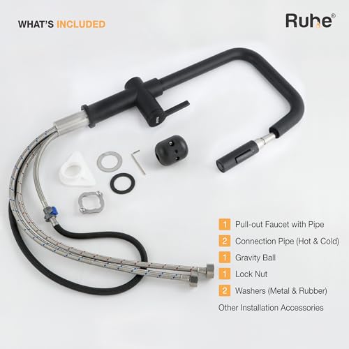 Image of Ruhe Opulo Dual Flow Pull-Out Kitchen Mixer Faucet - Matte Black | 360 Swivel | Hot & Cold Water Faucet | Single Lever Tap | Table Mounted Kitchen Sink Tap