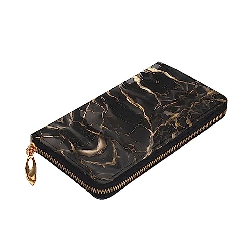 Leather Wallet 7.48 x 4.13 in - Stylish and Durable Wallet for Women with Multiple Compartments and Zipper Design Black Gold Marble Prints3