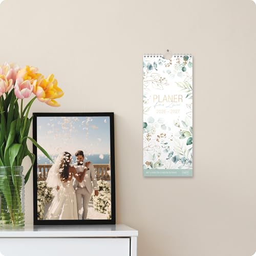 Häfft® Planer für zwei 2026/2027 „Blattgold“ – Paarkalender 17 Monate (Aug 26 - Dez 27) – Wandkalender für 2 Personen, 3 Spalten, schmaler Wandplaner 13x31,9 cm