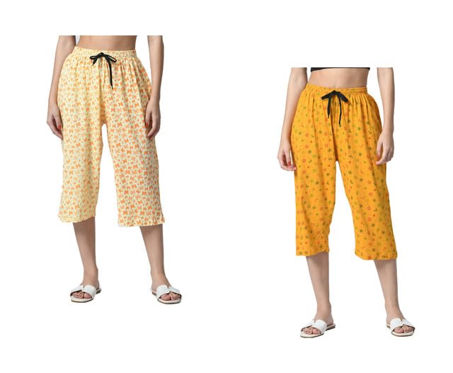 Women Soft Cotton Printed Loose Fit Capris 3/4th Pants (Pack of 2) Multicolor52-image-36