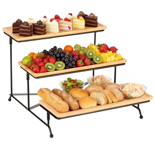 Cozary Vassoio Da Portata 3 Piatti, Alzate Per Buffet, Vassoio Legno 28.9x12.5x1.2cm, Porta Frutta Da Tavolo Supporto in Metallo, Alzatina Cucina per Verdura/Frutta/Biscotti/Torta