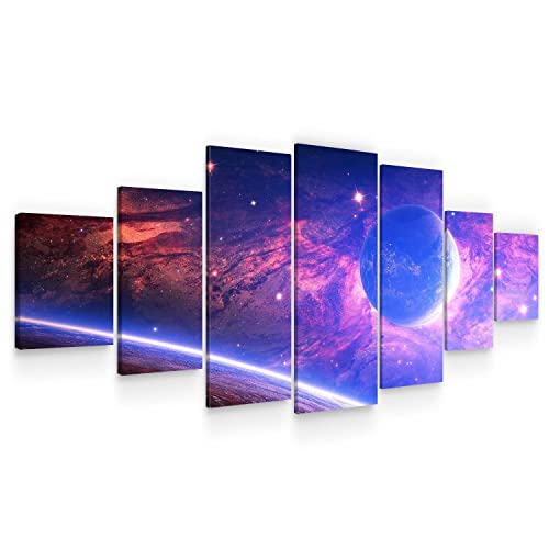 Tableau moderne planète violette 7 pièces pour habiller un grand mur vide de salon 100x240