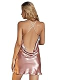MakeMeChic Women's Satin Nightgown Silk Lace Trim Criss Cross Open Back Slip Dress Sleepwear Dusty Pink S