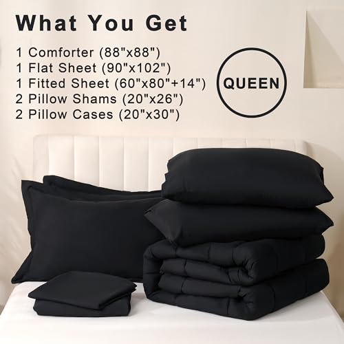 DOWNCOOL Queen Comforter Set, 7Pcs Bedding Sets Queen Black, All Season Down Alternative Bed in a Bag Queen with Comforter, Flat Sheet, Fitted Sheet, 2 Pillow Shams & 2 Pillowcases