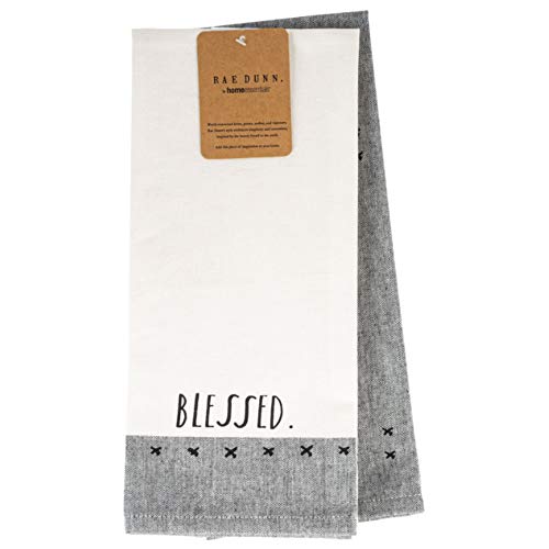 Rae Dunn Kitchen Towels White and Black 2 Piece Set Farmhouse Accessories for Everyday Use (Black-Blessed)