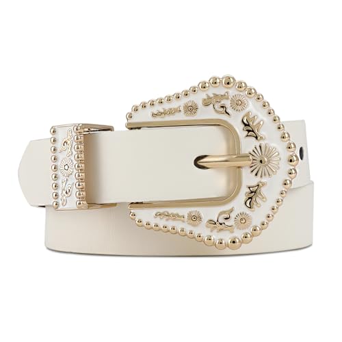 Women's Leather Belt Vintage Western Cowboy Style Buckle Waist Belt for Pants Jeans Dresses