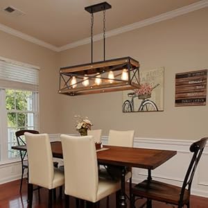 Rustic Farmhouse Wood Kitchen Island Lighting, 5 Lights Rectangular Pendant Light Fixture, Adjustable Chain Oak Wood and Metal Linear Chandelier for Dining Room Kitchen Island Farmhouse, Black Rustic Farmhouse Wood Kitchen Island Lighting 5 Lights Rectangular Pendant Light Fixture Adjustable Chain Oak Wood and Metal Linear Chandelier for Dining Room Kitchen Island Farmhouse Black