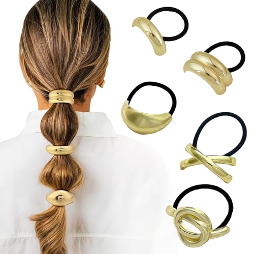 メタルカフス ゴールド&シルバー ヘアタイ、タイポニーテールホルダー ヘアゴムシュ ヘアラバーバンド ゴールドポニーテールカフ シルバーメタルヘアタイ 5個