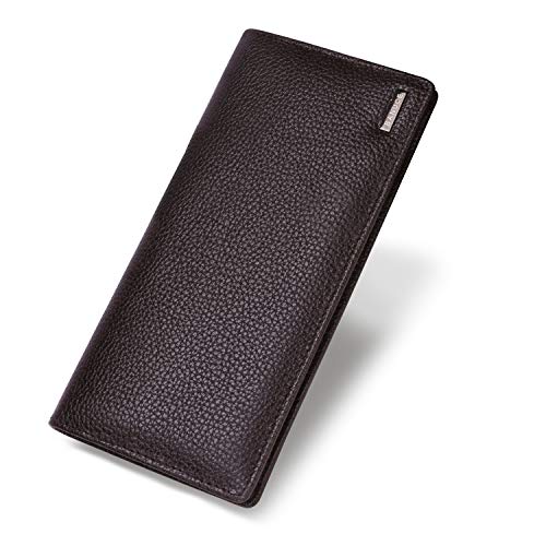 Banuce Slim Long Bifold Wallet for Men Extra Large Capacity Top Grain Leather Wallet with ID Window Credit Cards Brown