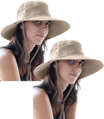 GearTOP Wide Brim Sun Hat for Womens and Mens Sun Hats - UV Protection Fishing Hat Safari Hat for Hiking Gardening & Beach Khaki 2 Pieces