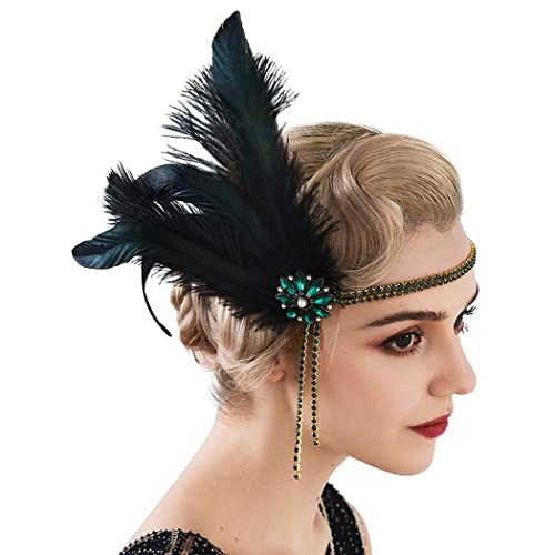 IYOU 1920s Feather Flapper Headpiece Green Crystal Gatsby Headband Prom Wedding Hair Accessories for Women - Image 2