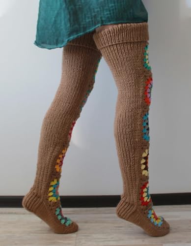 Image of Leoparts Crochet Thigh High Socks Granny Square Over Knee High Retro Knitted Stocking Colorful Leg Warmers