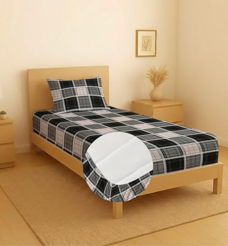 Image of la' amour Pure Cotton All Round Elastic Fitted Bedsheets with 1 Pillow Cover | Single Mattress Bed Breathable| Longlasting | Supersoft Size - 36 x 72 + 6 inches (Checks, Color - Black White)