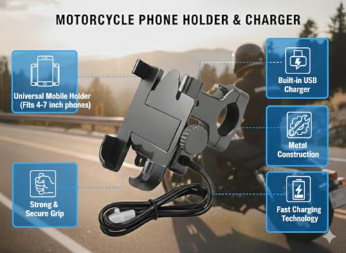 Image of Metal Bike Mobile Holder with USB Charger | 360 Rotating Handlebar Mount Cradle for Motorcycles & Bicycles | Universal Fit for All Smartphones | Heavy-Duty Metal Body (Black)