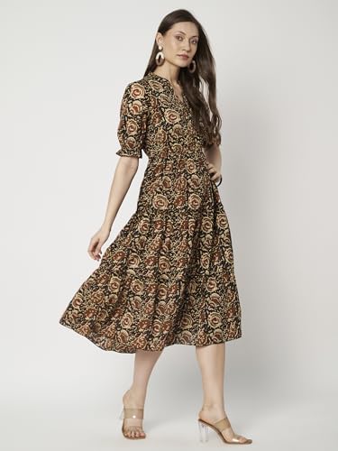 Image of Women's Floral Summer Maxi Dress I Cotton Printed I One Piece Bodycon Midi Dress with V-Neck, Puffed Sleeves