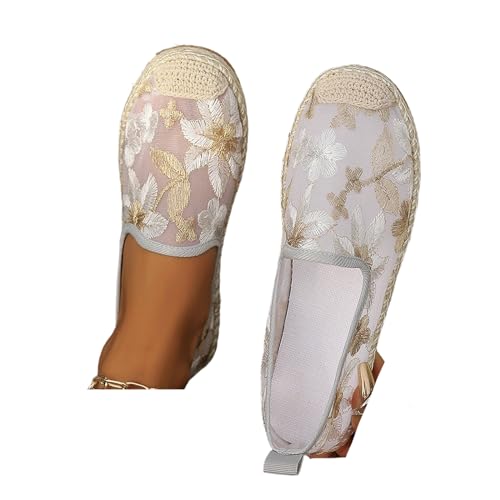 Chinese Summer Shoes for Women Mesh Shoes, Chinese Mesh Flats for Women, Embroidered Slip on Mesh Shoes (White Gold,8.5)