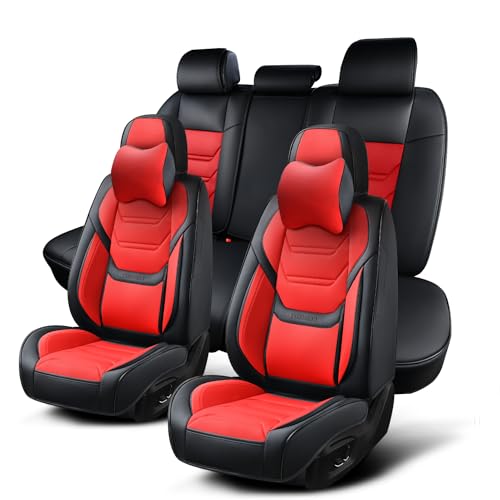 Image of Car Seat Covers Full Set, Breathable Leather Automotive Front and Rear Seat Covers & Headrest for Reduce The Driving Fatigue, Compatible with Most Vehicles, Cars (Black&Red, Front Pair and Rear)