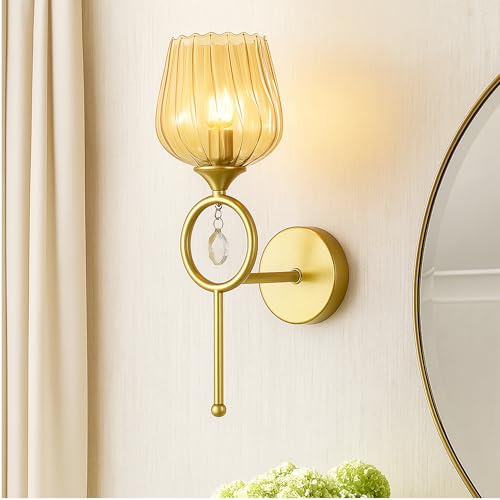 Image of WHITERAY Modern Gold Wall Lamp with Elegant Glass Shade and Crystal Accent, Decorative Wall Sconce for Bedroom, Living Room, Hallway, Dining Room, Hotels and Stylish Home Interior Light (with Bulb)