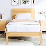 BOSRII 14in High Solid Bamboo Wood Platform Twin Size Bed Frame with Headboard, Reinforced Heavy Duty Metal Slats, Noise Free, No Box Spring Needed, Easy Assembly