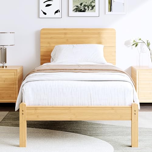 BOSRII Cadre Lit Bambou 14po Plateforme Lit Twin Tête Lit 69po