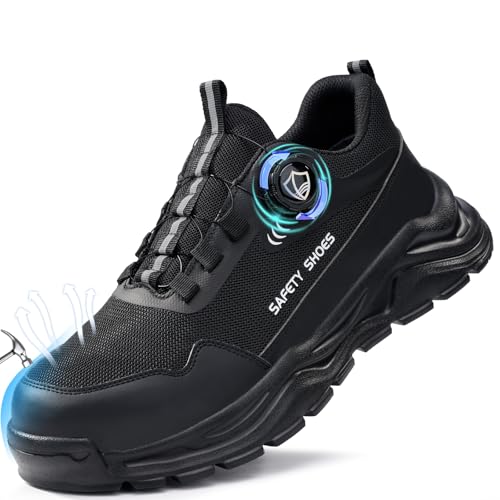 LAoutun Sicherheitsschuhe für Herren und Damen, Stahlkappe, atmungsaktiv, leicht, Arbeitstrainer, Arbeitsstiefel, Industrie, Stahlkappenstiefel, D275 Schwarz, 42.5 EU