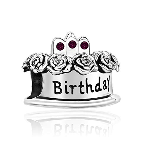 Image of Birthstones Happy Birthday Cake Charms Compatible with Pandora Charms Moments Bracelets Candle Crown Celebration Beads