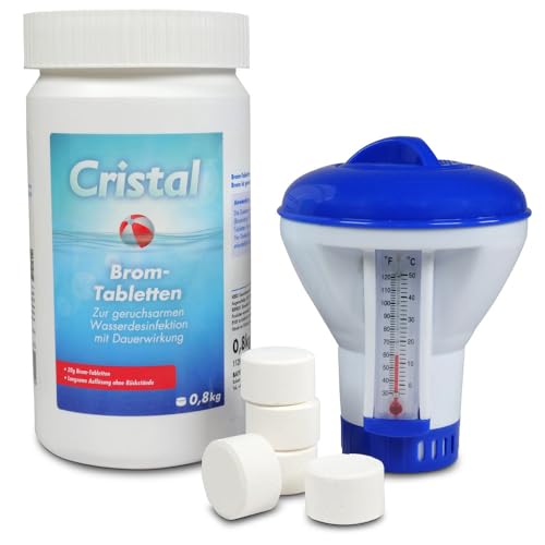 Cristal Bromtabletten 20g - 800g Poolpflege Set mit Dosierschwimmer - Effektive Wasserdesinfektion - Chlorfreie Alternative