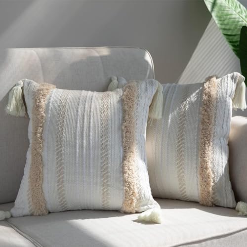 2er Set Boho Kissenbezüge 50x50CM, Makramee Kissenhülle Kissenbezug mit Quaste Dekorative Baumwolle Leinen Dekokissen Sofakissen für Sofa Wohnzimmer Garten, Kissen Boho Style Kopfkissenbezug