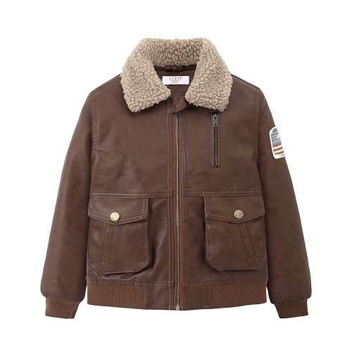 Image of LJYH Kids Brown Vintage Style Aviator Quilted Faux Leather Jackets Boys Warm Padded Biker Motorcycle Bomber Pu Leather Coats 7/8yrs