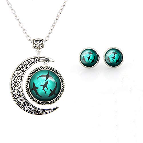 Beautiful Season DIY Blue Circling Sharks Stud Earrings and necklace Circling Sharks pendant for Women Fashion Jewelry set