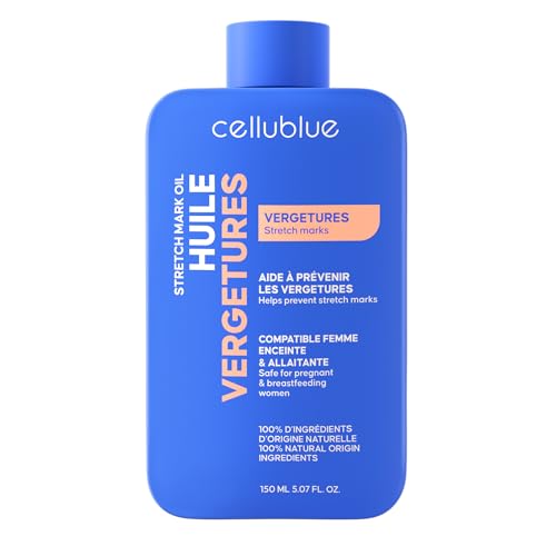 Huile Vergetures Cellublue – 5 huiles 100% naturelles – Idéale grossesse et variations de poids – Anti-vergetures, Cicatrices, Peau Sèche – Hydrate...