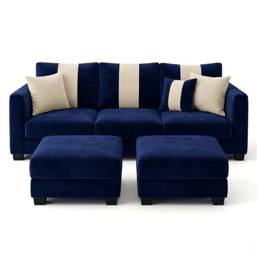 Image of Vero 5 Seater L Shape Sofa Set with 2 Movable Ottomans | Flexible Layout | Luxury Velvet Suede Fabric | Modern Living Room Sofa | Dark Blue