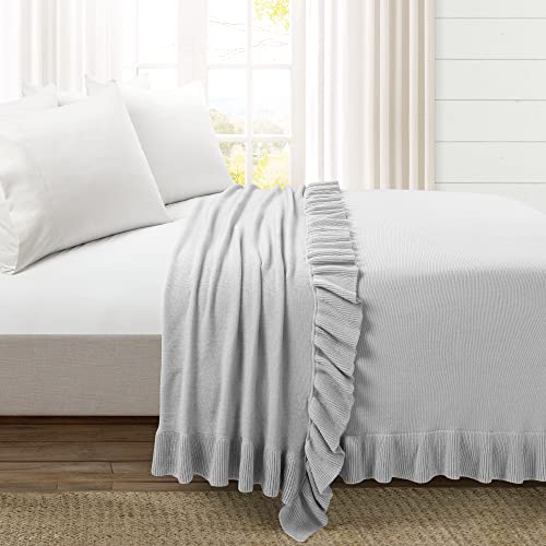Image of Lush Decor Reyna Soft Knitted Ruffle Throw Blanket, 104 inch W x 88 inch L, Light Gray - Ruffled Bedding - Knit Blanket - Cozy Oversized Blanket For Bed or Couch - Vintage, Minimalist & Cottage Home Decor