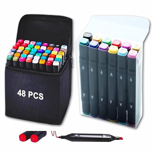 Image of Corslet Combo 48 + 12 Dual-Tip Alcohol Marker Pens - Fine & Broad Art Markers for Drawing, Sketching & Coloring | Vibrant Permanent Artist Markers with Carry Case for Adults & Kids |