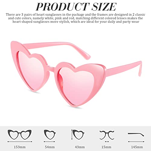 Konohan 3 Pairs Heart Sunglasses for Women Vintage Heart Shaped Sun Glasses Retro Cute Bachelorette Glasses for Summer Beach Party, White, Red, Pink2