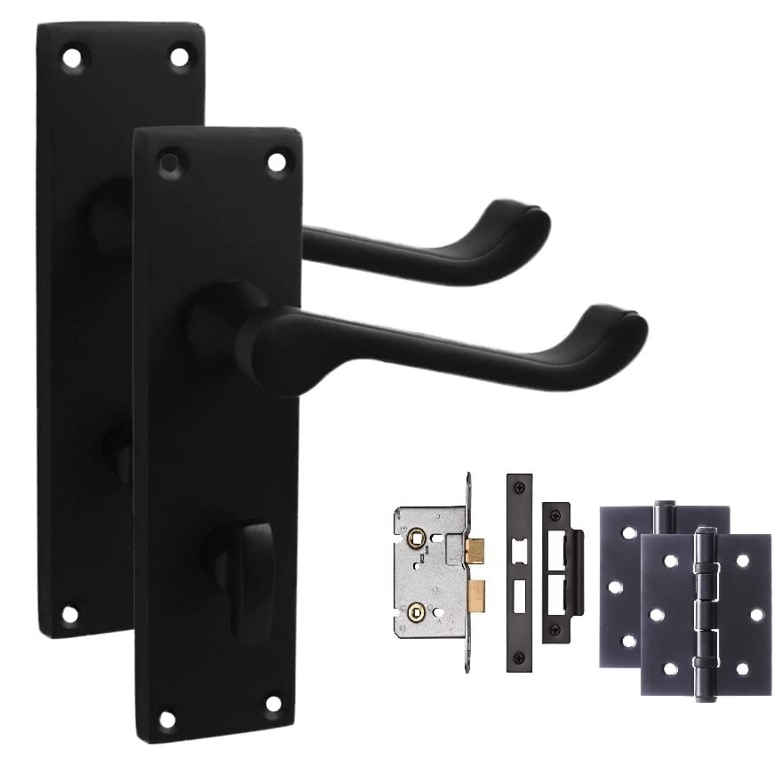 Golden Grace Victorian Scroll Door Handles Bathroom WC Toilet Lock in Matt Black Finish with Bathroom Mortise Lock Set & 1 Pair of 3" Ball Bearing Hinges โ image 1