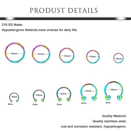 Hoeudjo 16G Stainless Steel Hinged Clicker Segment Septum Rings Horseshoe Earring Nose Lip Ring Hoop Cartilage Tragus Daith Helix Sleeper Earrings Body Piercing Jewelry Rainbow 8Mm 10Mm 12Mm #TOP1